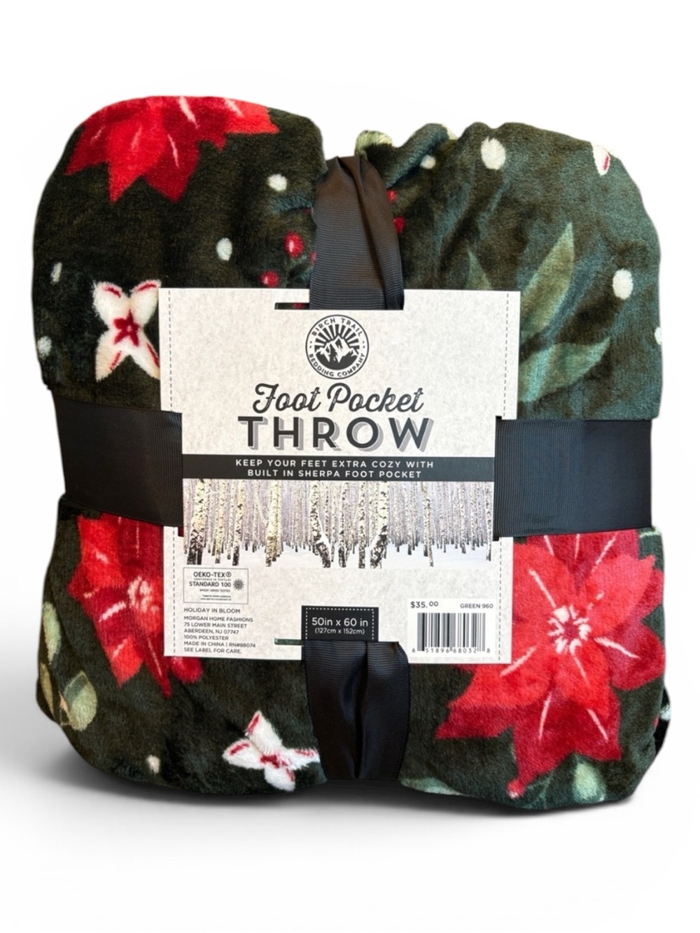 Birch Trail Foot Pocket Poinsettia Throw Blanket Sherpa 50x60” NEW